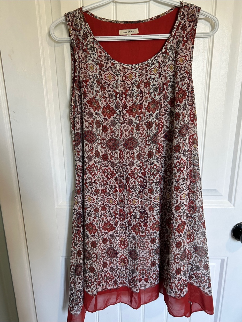 Max Studio Red and White Floral Layered Sleeveless Midi Dress